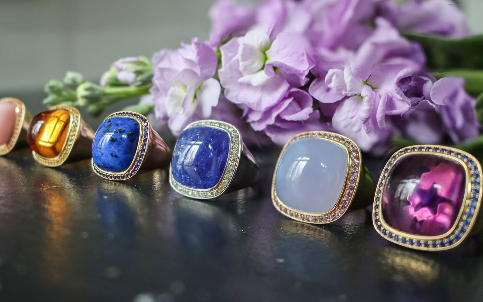 Charlotte Reedtz Jewellery Magic Wish rings with translucent and opaque gemstone cabochons