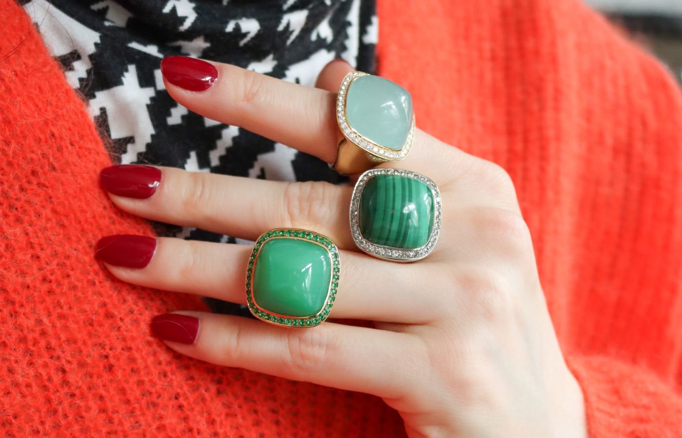 Beautiful shades of green in the Charlotte Reedtz Jewellery Magic Wish ring collection, including chrysoprase, malachite and aquamarine