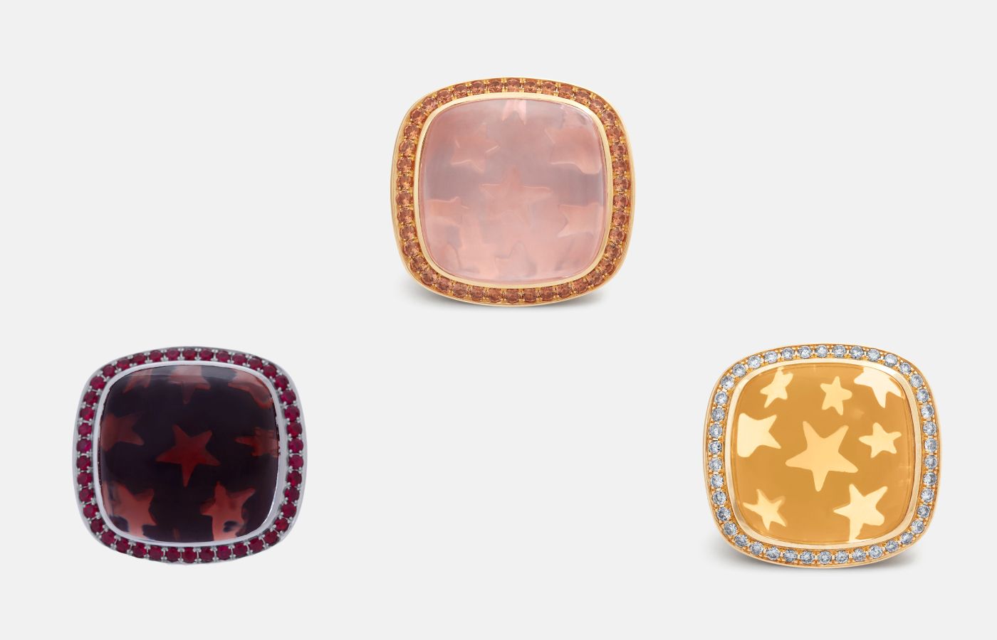  A closer look at the star pattern beneath each Charlotte Reedtz Jewellery Magic Wish ring cabochon, including garnet, rose quartz and citrine