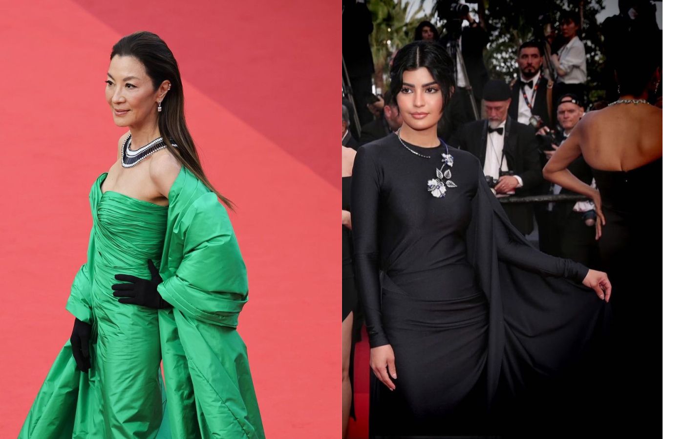 Michelle Yeoh and Mila Al Zahrani wearing Boucheron High Jewellery necklaces