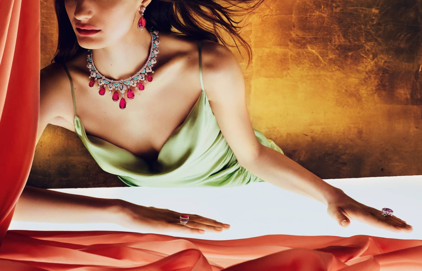 A model wears a necklace from the East Meets West 'universe' in the Bulgari Mediterranea High Jewellery Collection