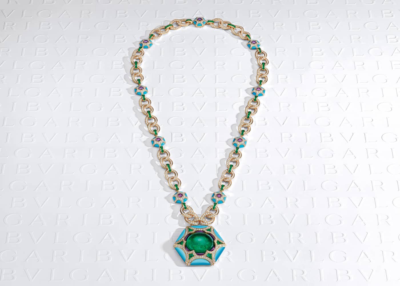 The Roman Esedra sautoir necklace with a 68.88 carat emerald, amethysts, emeralds, and turquoises, all in yellow gold from the Roman Splendor chapter of the Bulgari Mediterranea High Jewellery Collection