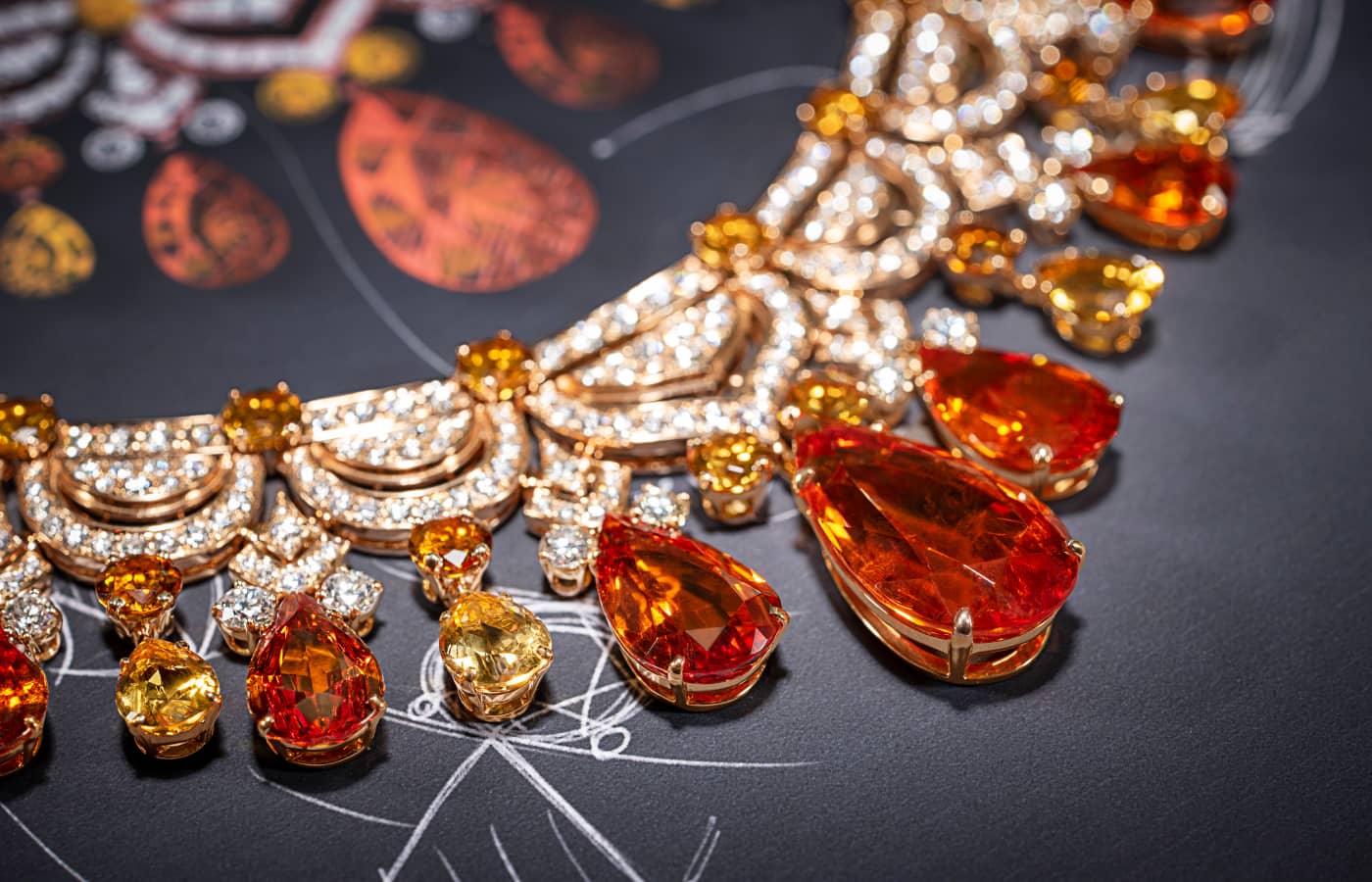 The Oriental Fantasy necklace in the East Meets West chapter of the Bulgari Mediterranea High Jewellery Collection features nine Mandarin garnets of more than 90 carats 