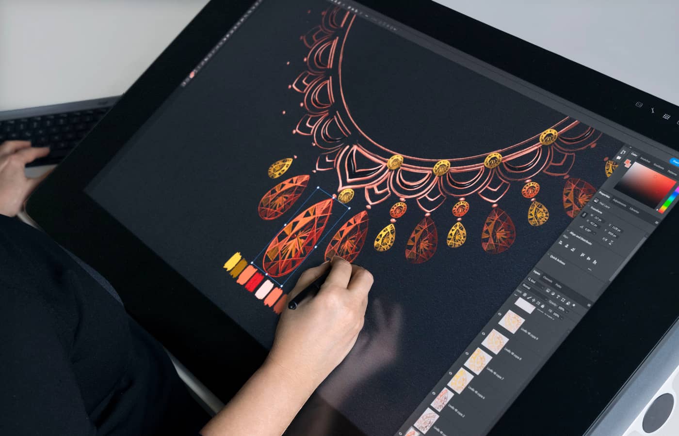 Designing the Oriental Fantasy necklace with Mandarin garnets, citrines, mother of pearl and black onyx from the East Meets West chapter of the Bulgari Mediterranea High Jewellery Collection