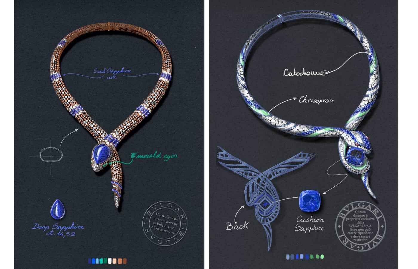   Designing new Serpenti necklaces with sapphires, emeralds and chrysoprase for the Bulgari Mediterranea High Jewellery Collection