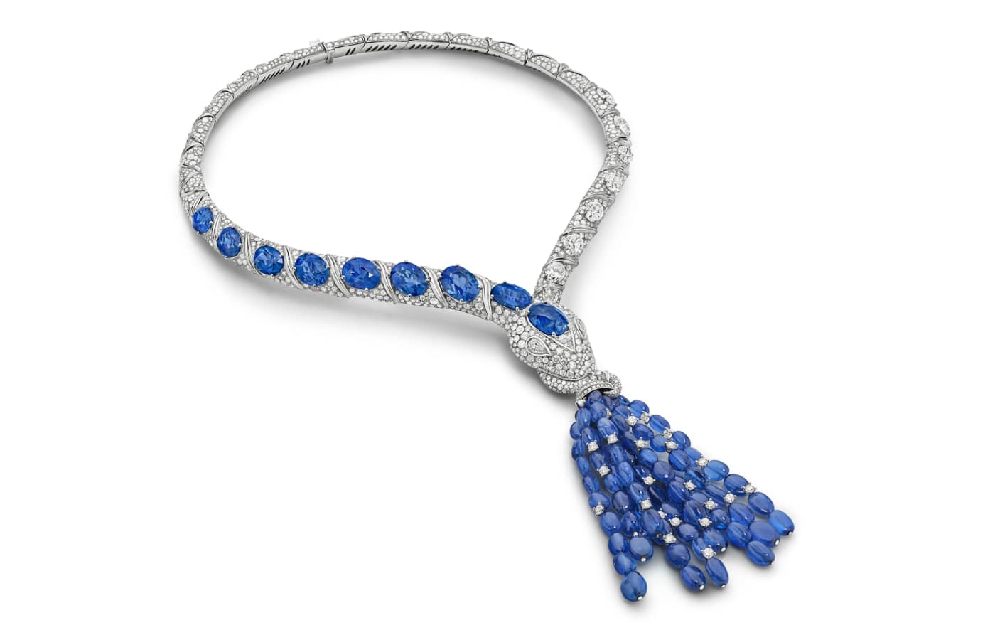  The Mediterranean Sapphire Serpenti necklace with nine sapphires from Sri Lanka totalling 40.81 carats, platinum and diamond scales, and a tassel pendant with 80 oval-shaped sapphires for 116 carats from the Bulgari Mediterranea High Jewellery Collection