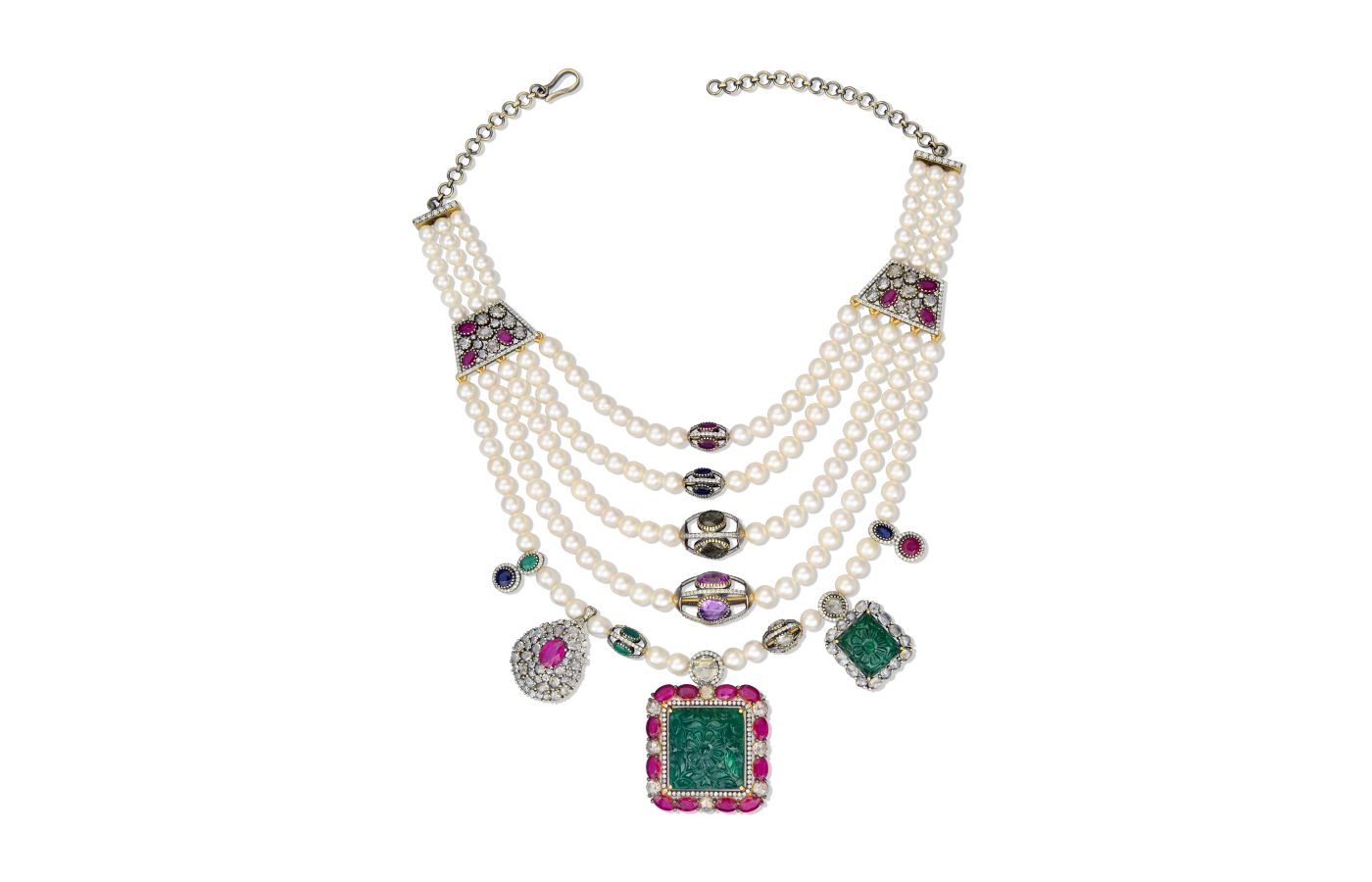  Amrapali London gold, pearl, coloured gemstone and diamond necklace - 'Best in Pearls' 3rd Place winner at the Couture Design Awards 2023
