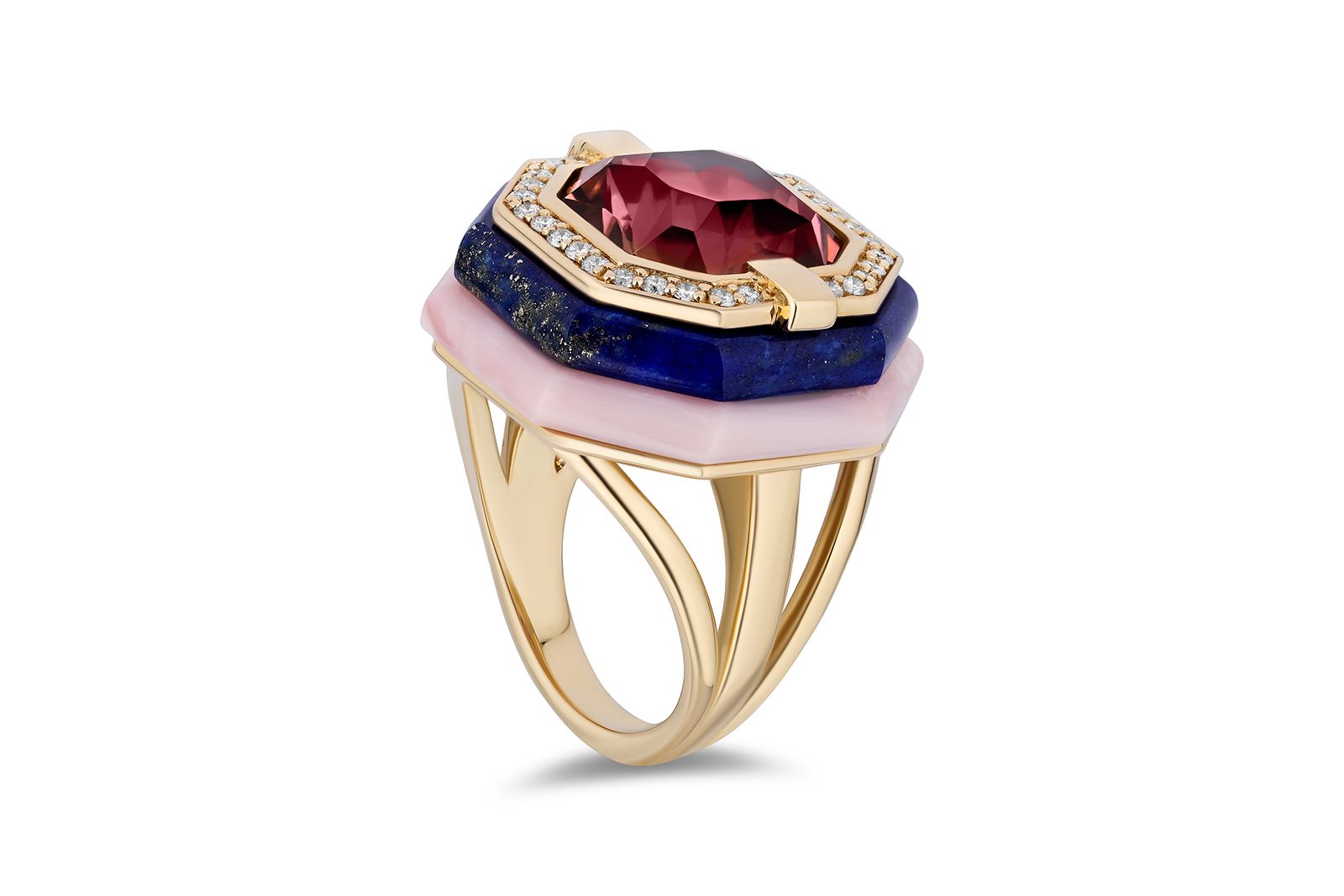  Mason and Books Layer Cake ring in gold, Viva Magenta tourmaline, Lapis Lazuli and pink opal