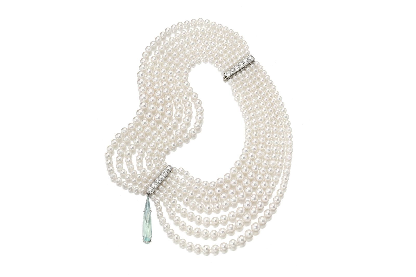 Assael 'Lagniappe' necklace with multiple strands of Akoya cultured pearls, 8 carats of Old European-cut diamonds and a detachable elongated aquamarine drop of 17 carats