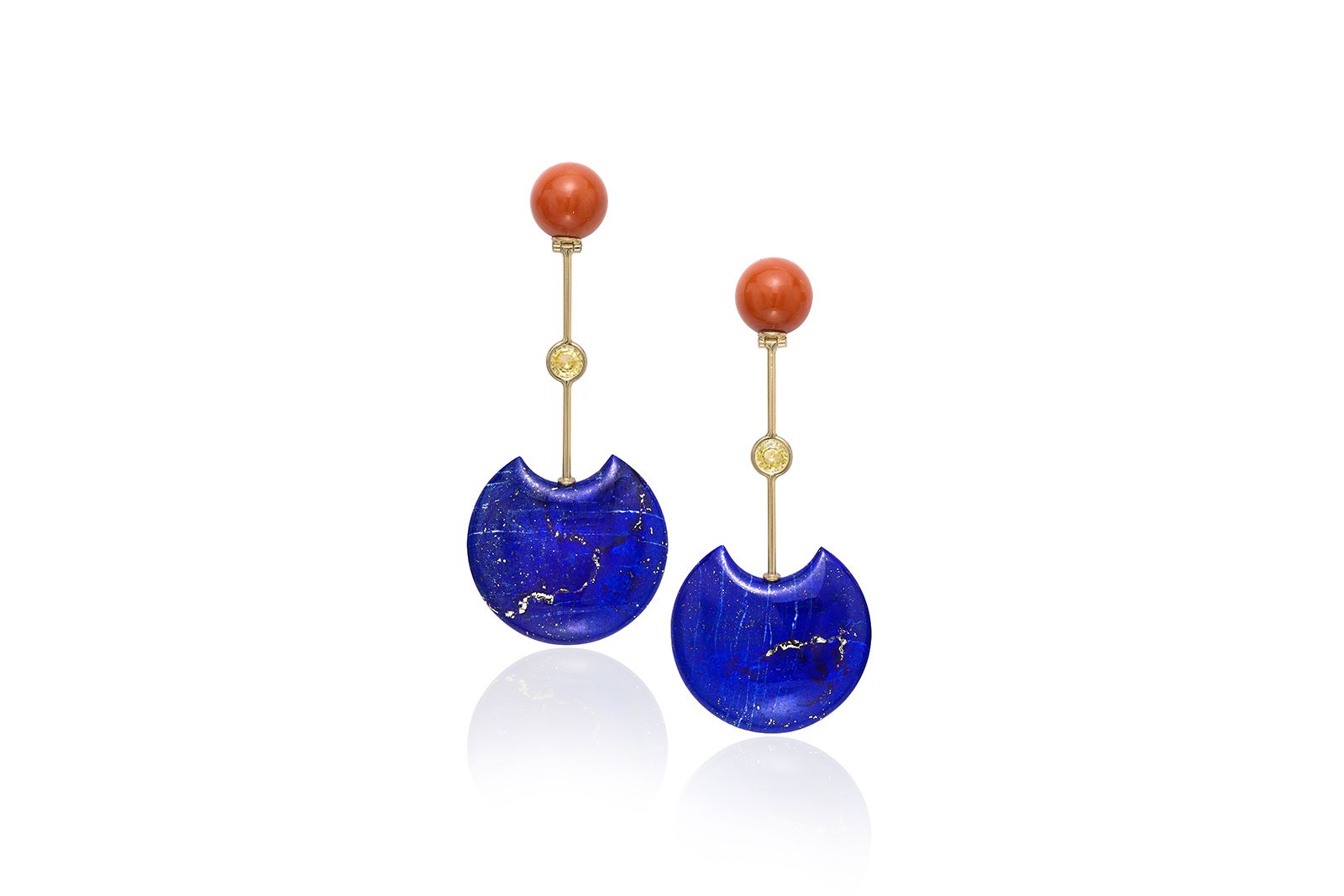  Assael ‘Modernist’ earrings with Sardinian coral, lapis lazuli and yellow sapphires in 18k yellow gold 