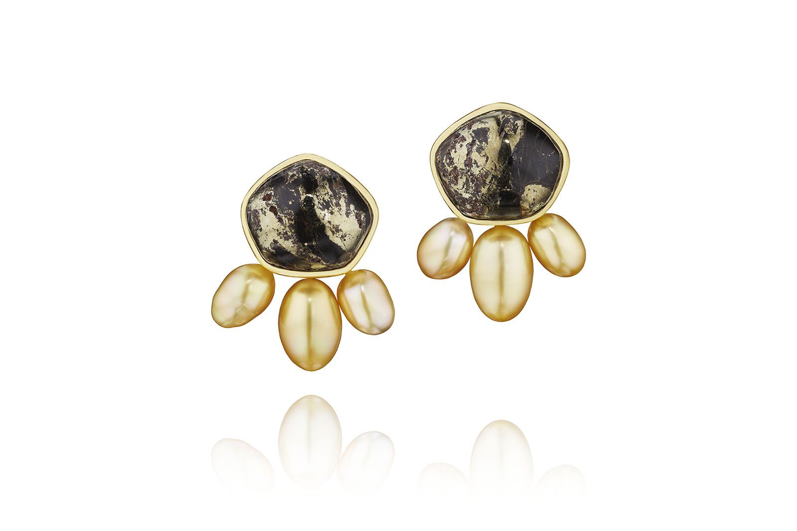  Assael NatureScapes earrings with natural metamorphic stones with pyrite and golden South Sea Keshi pearls in 18k yellow gold 