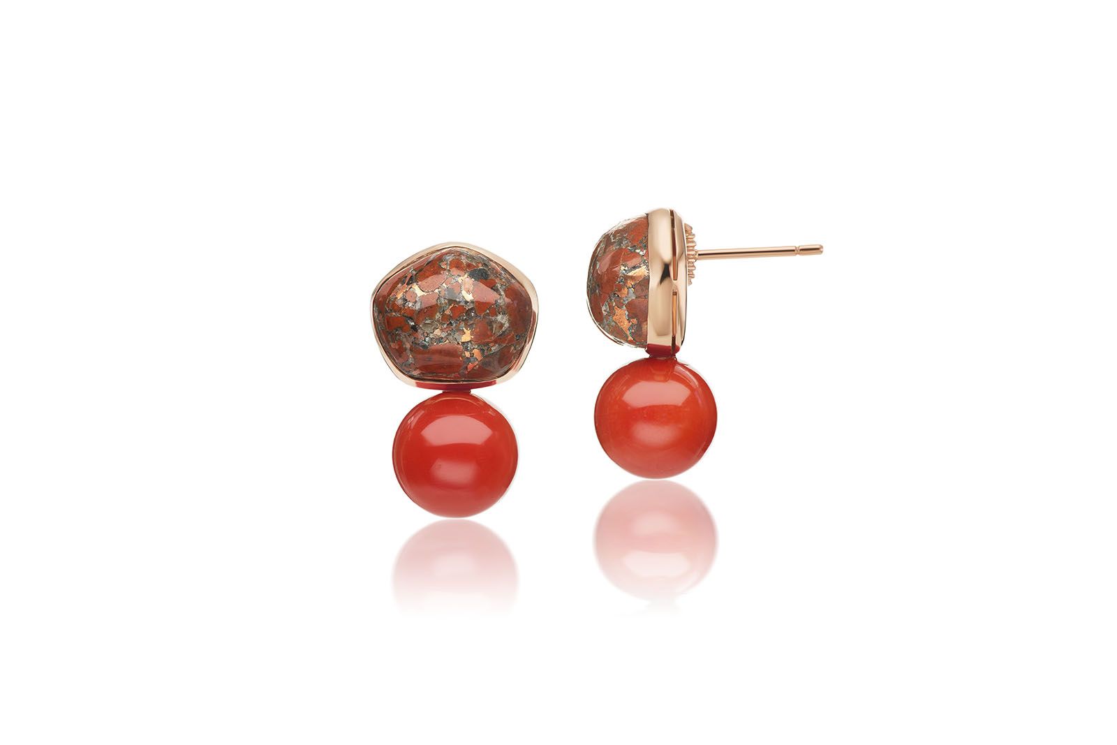  Assael NatureScapes earrings with copper rose agate and Sardinian coral in 18k rose gold 