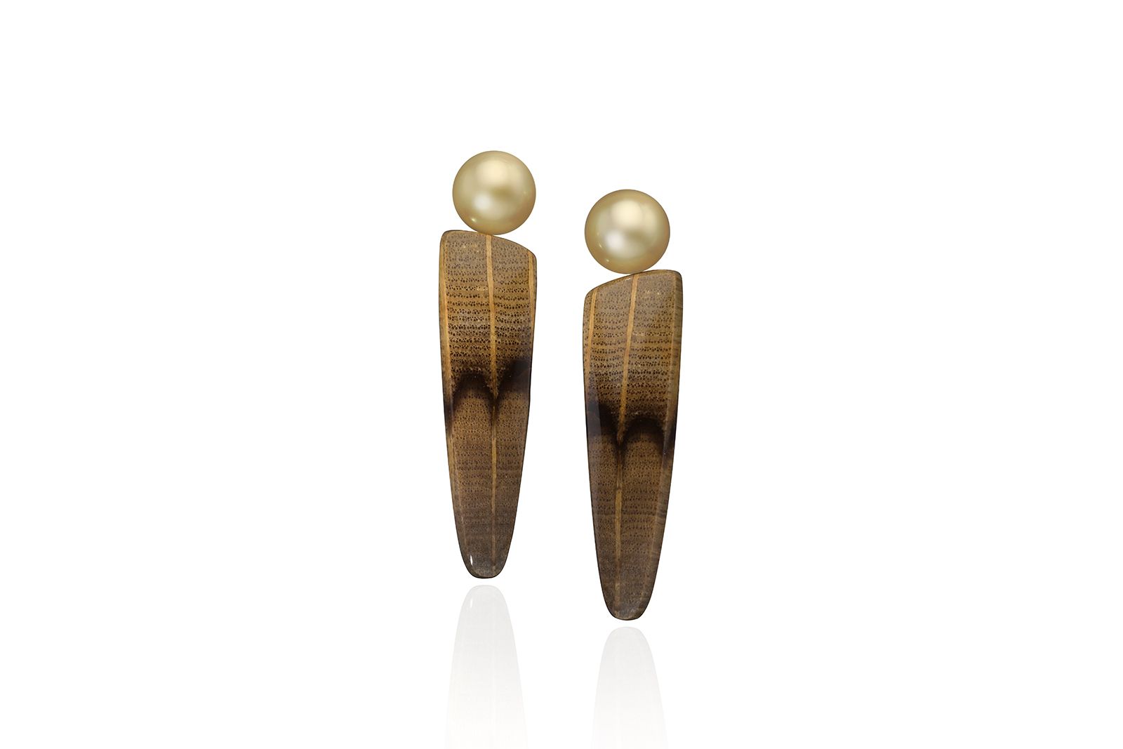  Assael NatureScapes earrings with ‘Golden Oak’ petrified wood and golden South Sea cultured pearls in 18k yellow gold