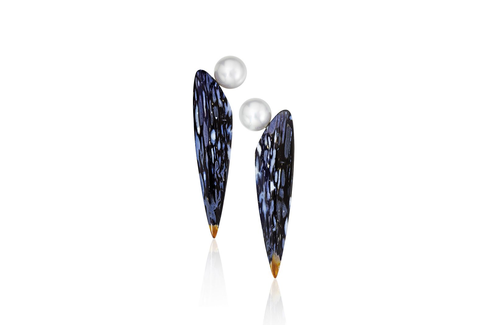  Assael NatureScapes earrings with spotted petrified wood and South Sea cultured pearls in 18k white gold 
