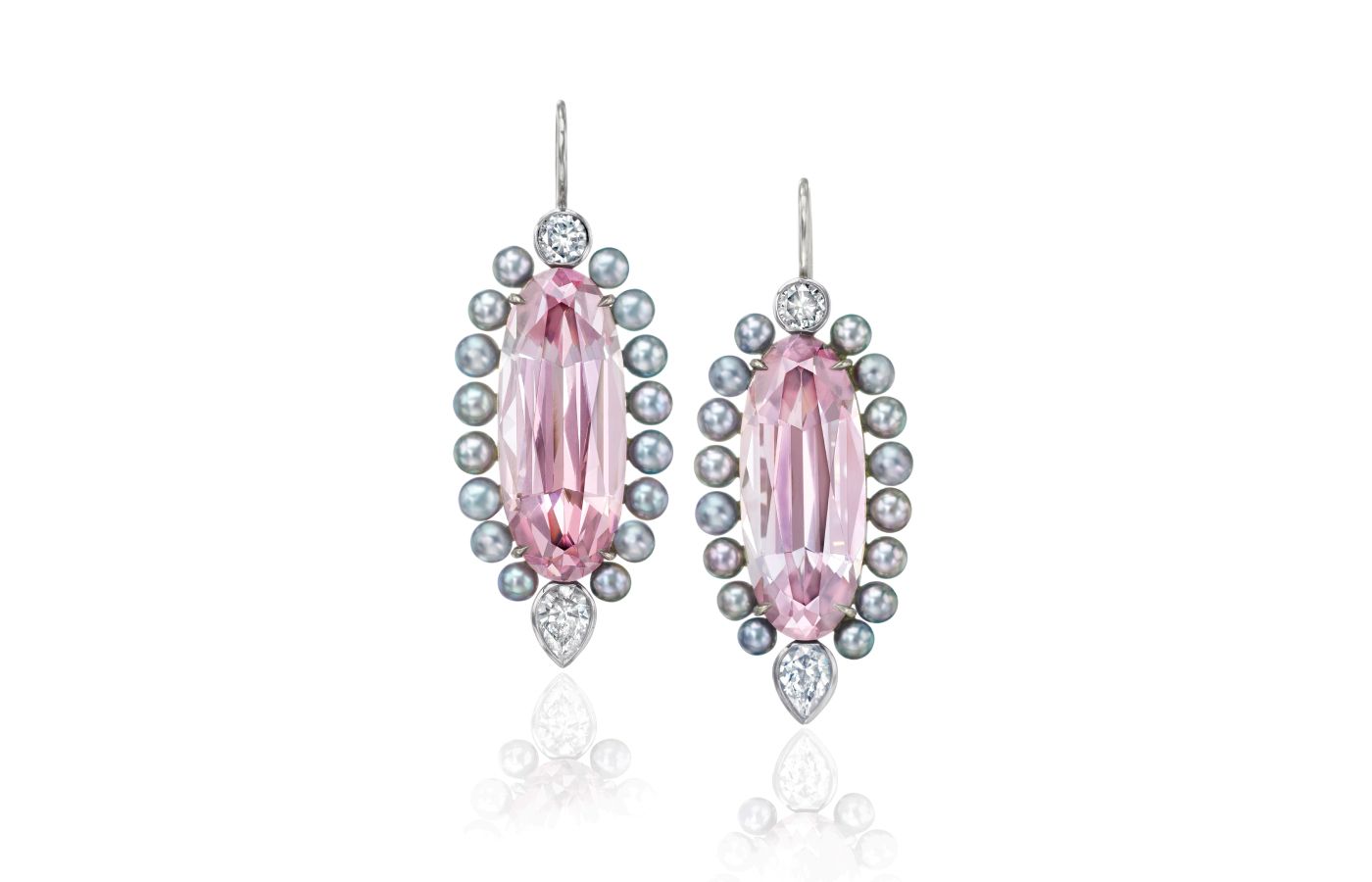 Assael earrings with 22.09 carats of pink-grey oval-shaped tourmalines, multi pastel baby Akoya pearls and diamonds in platinum 