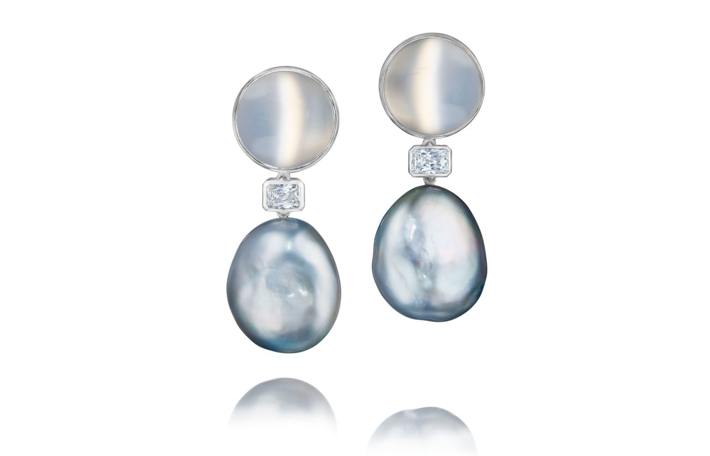  Assael earrings with 10.30 carats of cat’s eye moonstones and Tahitian natural colour cultured baroque pearls in platinum