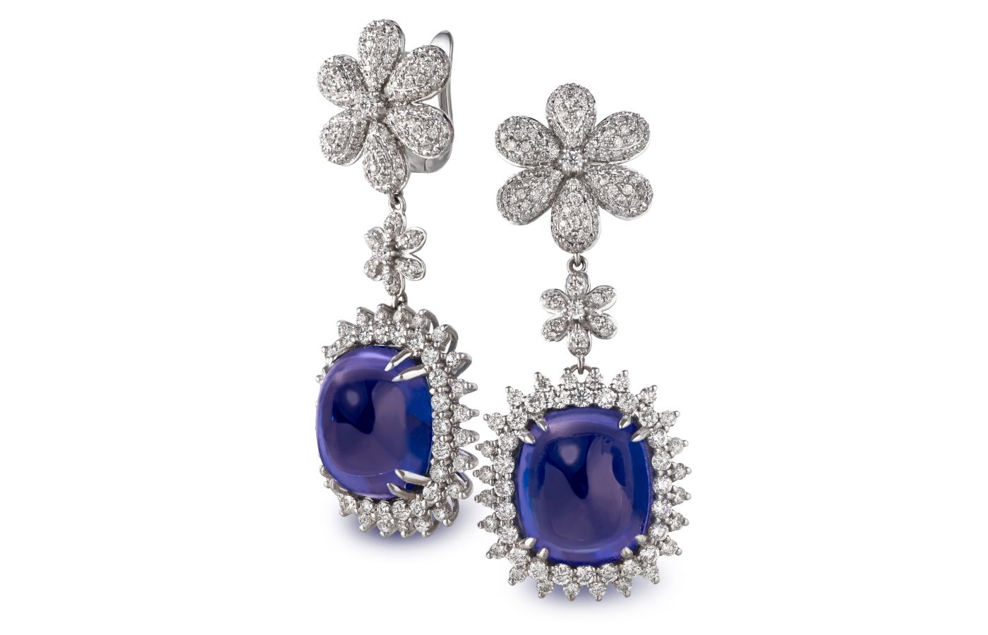Le Vian Couture earrings set in Vanilla Gold, featuring 15-cts of Blueberry Tanzanite and Vanilla Diamonds
