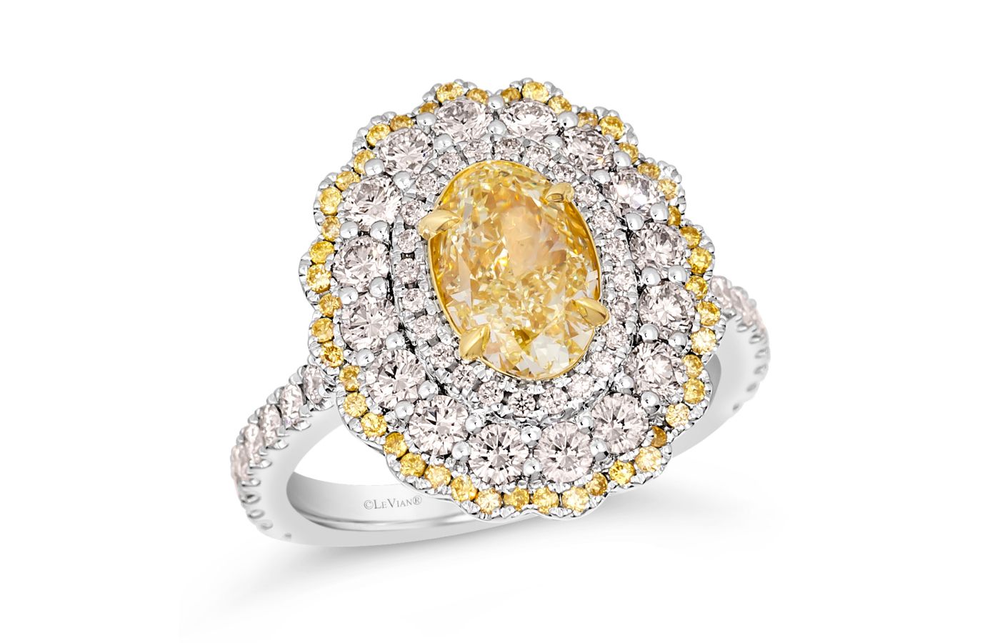 Le Vian Couture ring in platinum and Honey Gold, featuring a 2-ct Light Yellow oval Diamond, Vanilla Diamonds and Natural Light Yellow to Fancy Yellow Diamonds