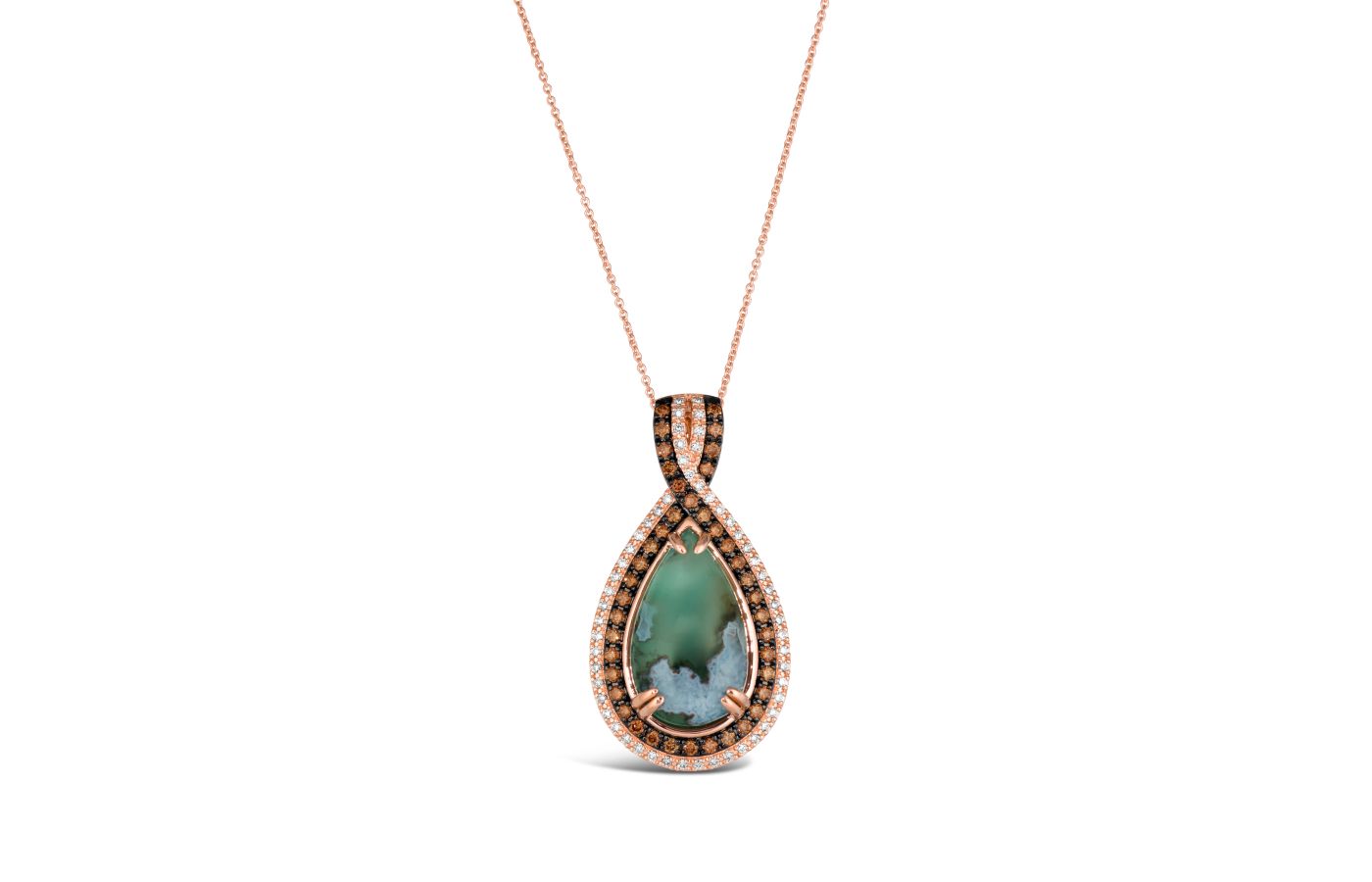 Le Vian pendant in Strawberry Gold, featuring a 9.5-ct Peacock Aquaprase, Chocolate Diamonds and Nude Diamonds