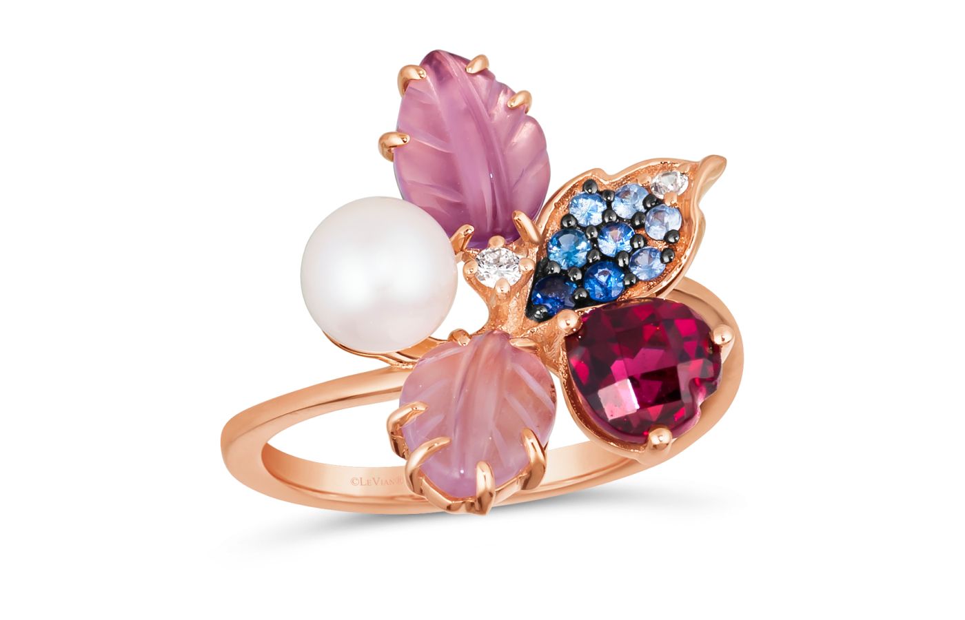Le Vian Carved Flora Pearl ring in Strawberry Gold, Raspberry Rhodolite, Grape Amethyst, Cotton Candy Amethyst, Denim Ombré Sapphires, White Sapphire, Vanilla Pearls and Vanilla Diamonds