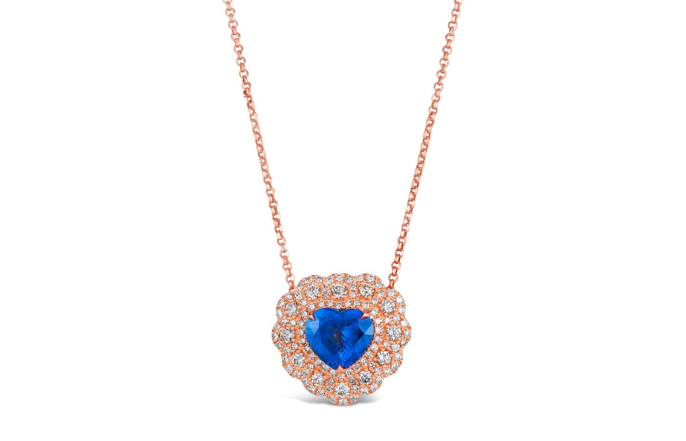  Le Vian Couture Blueberry Sapphire Love Song pendant in Strawberry Gold, featuringa 4-ct Blueberry Sapphire, Vanilla Diamonds and Chocolate Diamonds