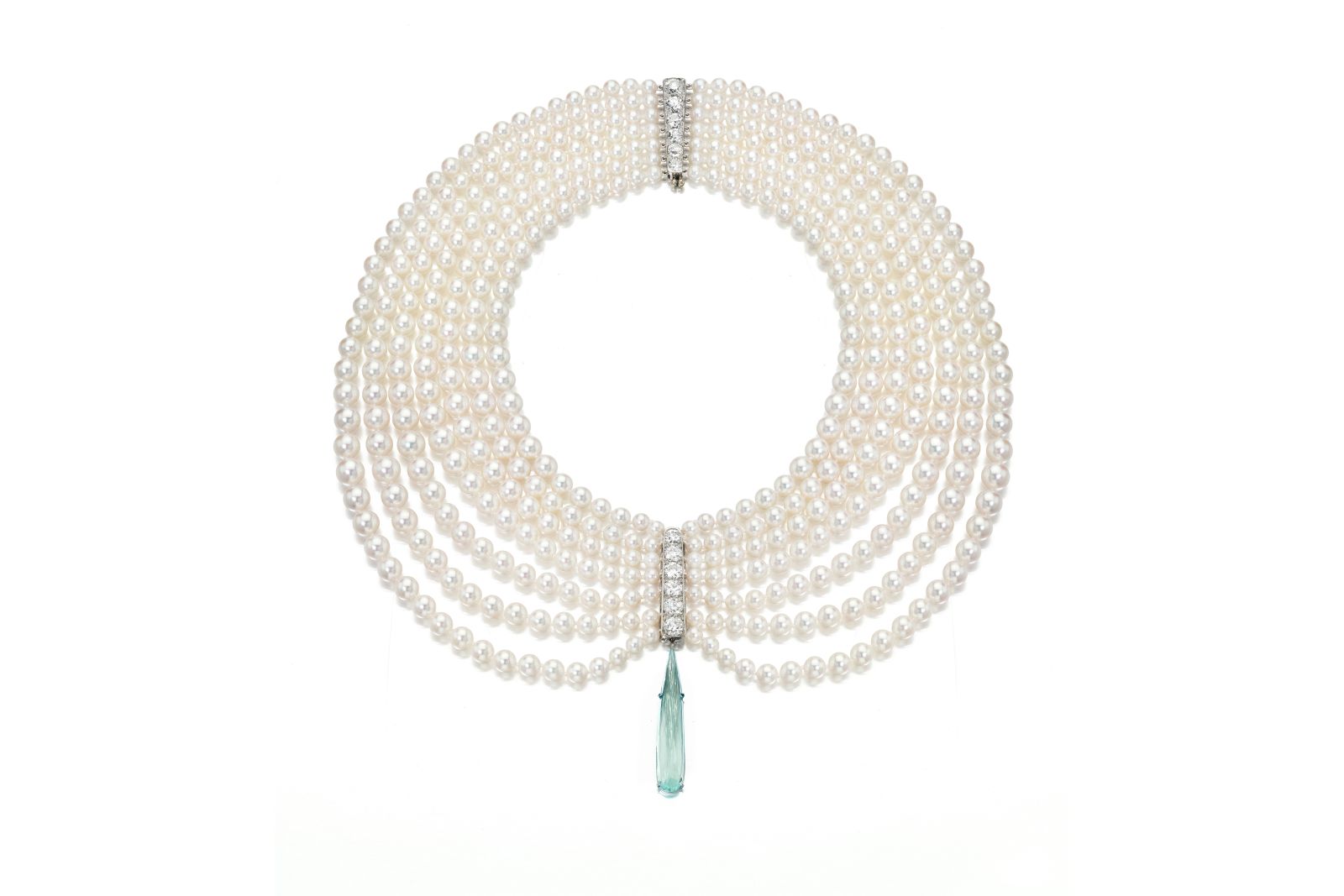  Assael 'Lagniappe' necklace with multiple strands of Akoya cultured pearls, eight carats of Old European-cut diamonds and a detachable elongated aquamarine drop of 17 carats