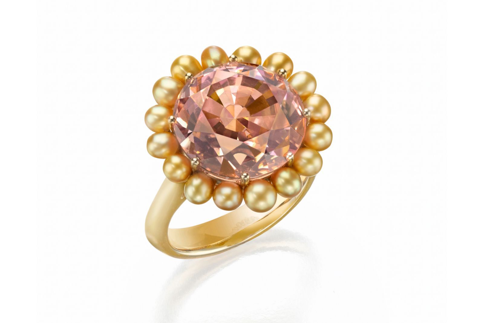  Assael ring with a 12.04 carat bi-colour sunset tourmaline and golden Keshi South Sea pearls in 18k yellow gold 