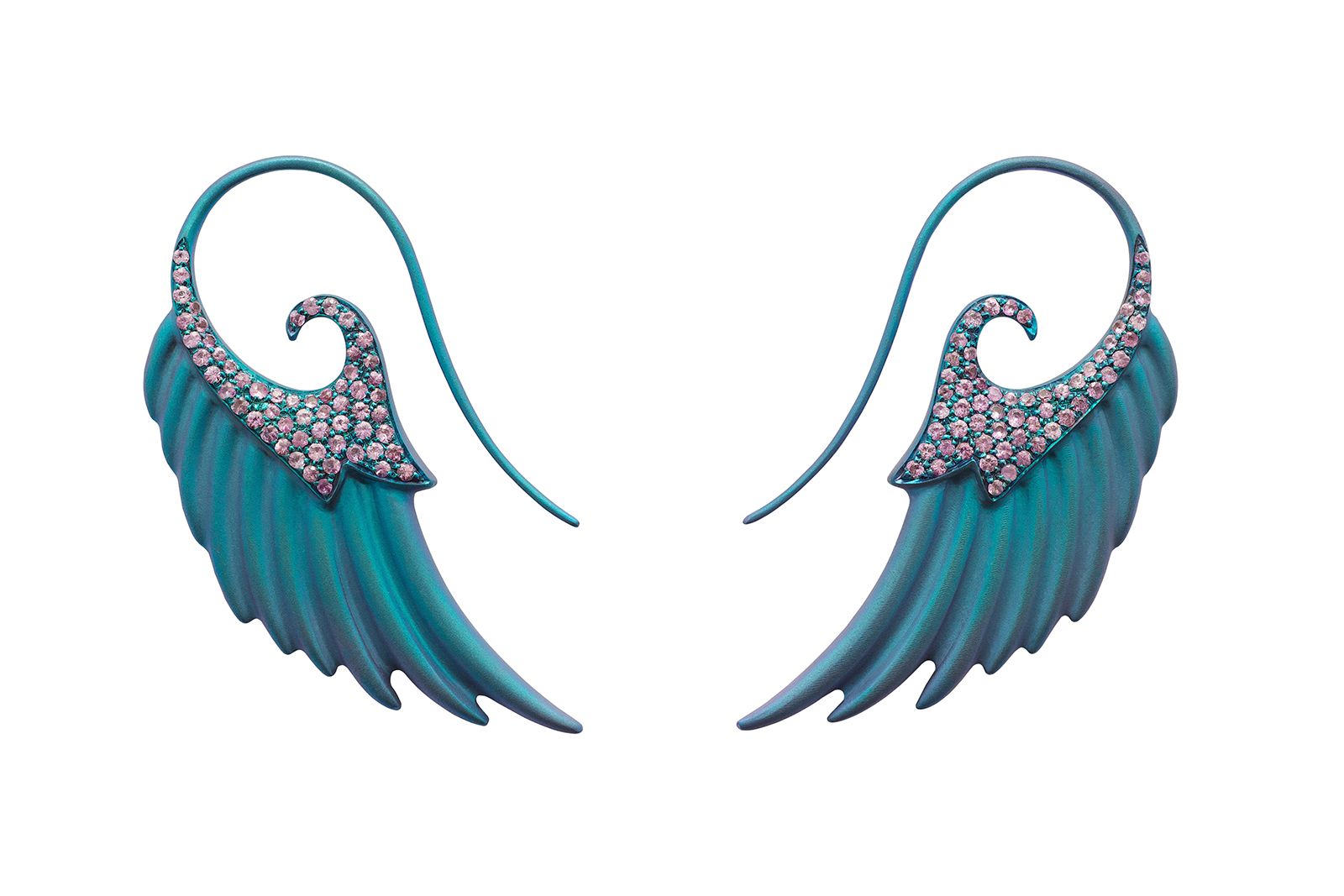 Noor Fares Fly Me To The Moon Wing earrings in teal titanium and pink sapphires