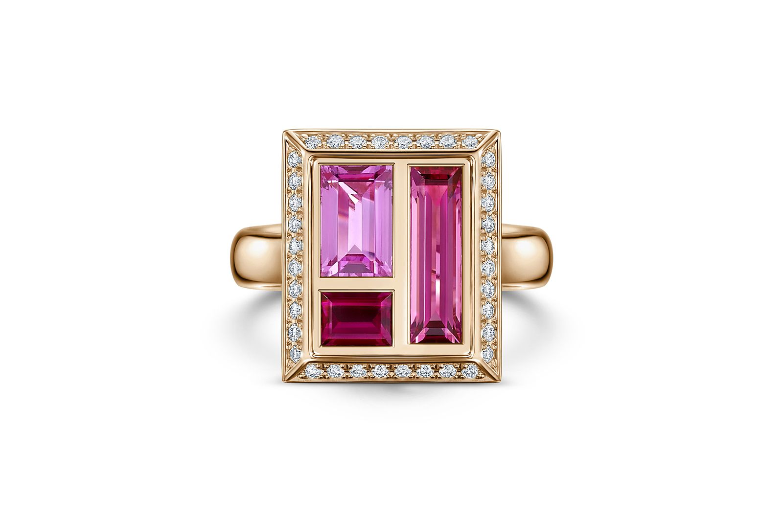  Andrew Geoghegen Chocolate  Box Rose Cocktail ring in rose gold featuring pink sapphires, ruby and rubellites