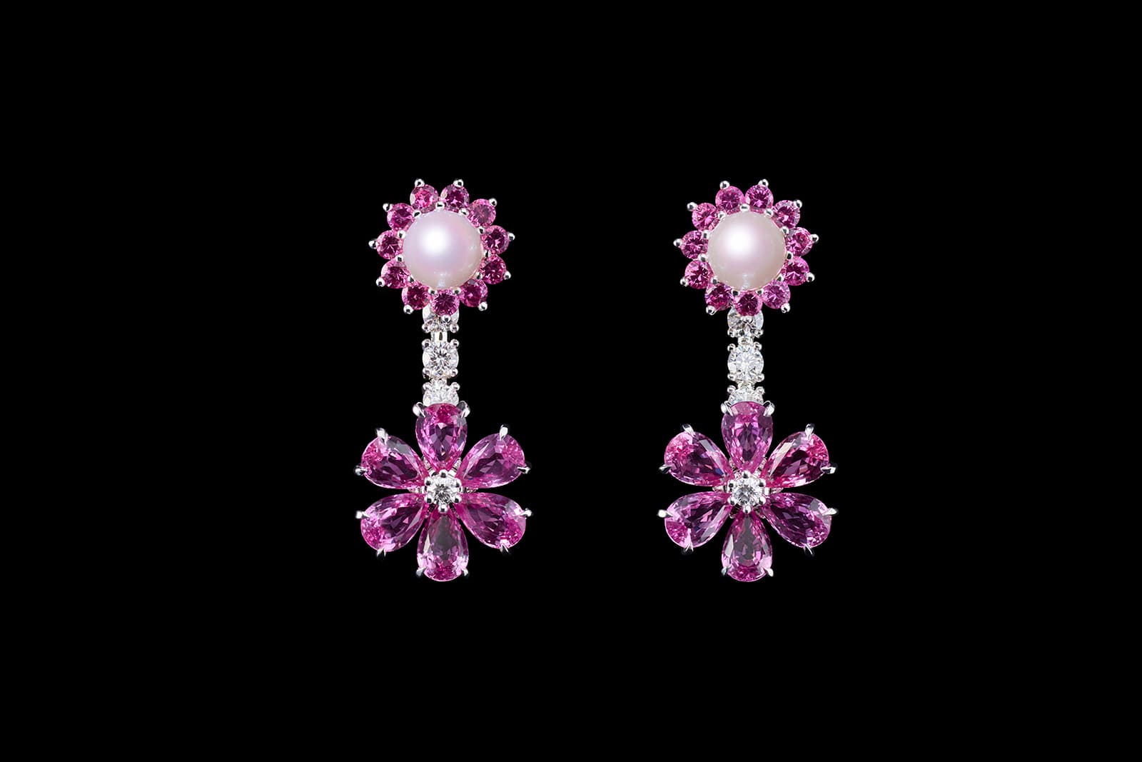  Dior Joaillerie High Jewellery earrings in white gold, diamonds, pink sapphires and white pearls from the Les Jardins de la Couture High Jewellery collection