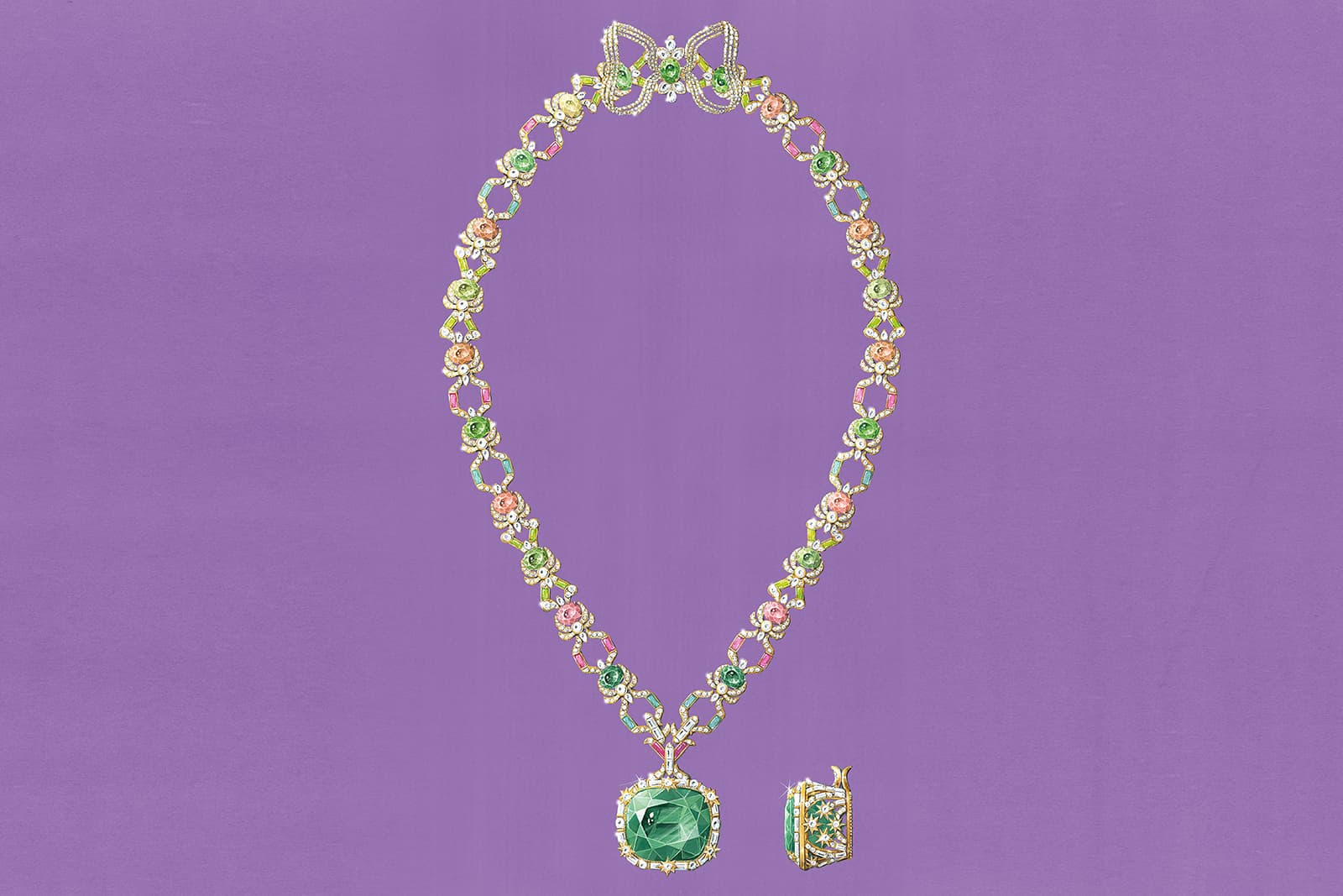   Gucci High Jewellery necklace in gold, enamel, green tourmaline, fancy tourmalines and diamonds from the Gucci Allegoria High Jewellery Collection