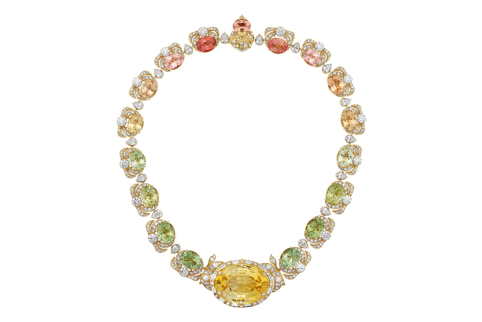 Gucci High Jewellery necklace featuring a 78-ct yellow sapphire, tourmaline, and diamonds from the Allegoria High Jewellery Collection