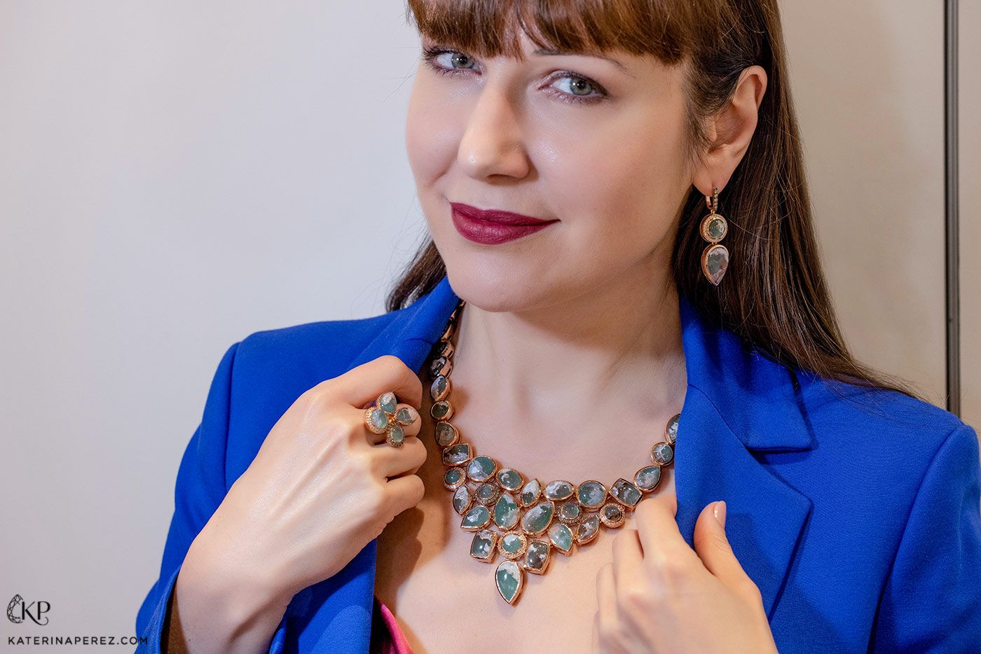 Katerina Perez wearing a Le Vian necklace in Strawberry Gold, featuring 216-cts of Peacock Aquaprase, Chocolate Diamonds and Nude Diamonds