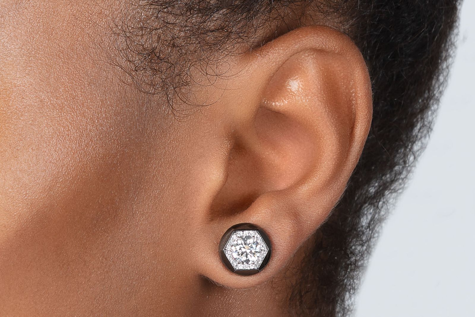  Lily Gabriella Diamond Hex Studs in blackened white gold and diamond