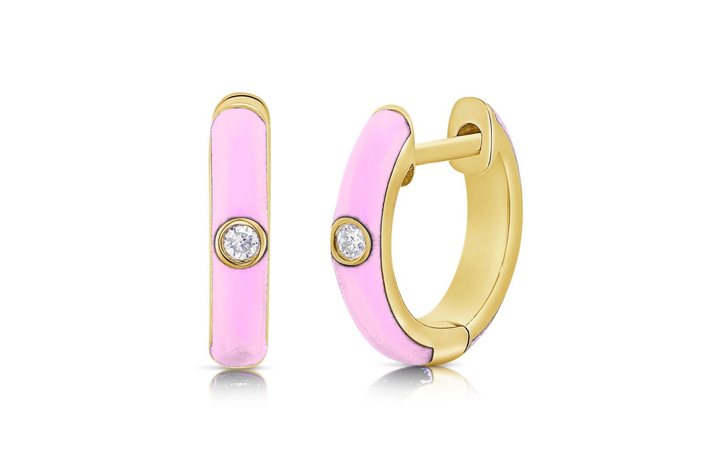 Hamilton Jewellers  Huggie Hoops in gold, pink enamel and diamond