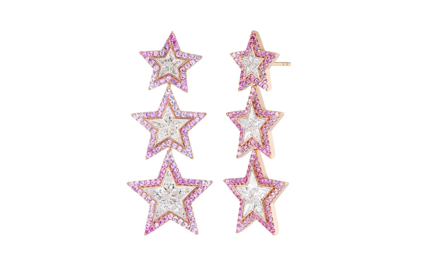 Emily P. Wheeler Wonder Woman earrings in rose gold, pink sapphire, Padparascha sapphire and diamond