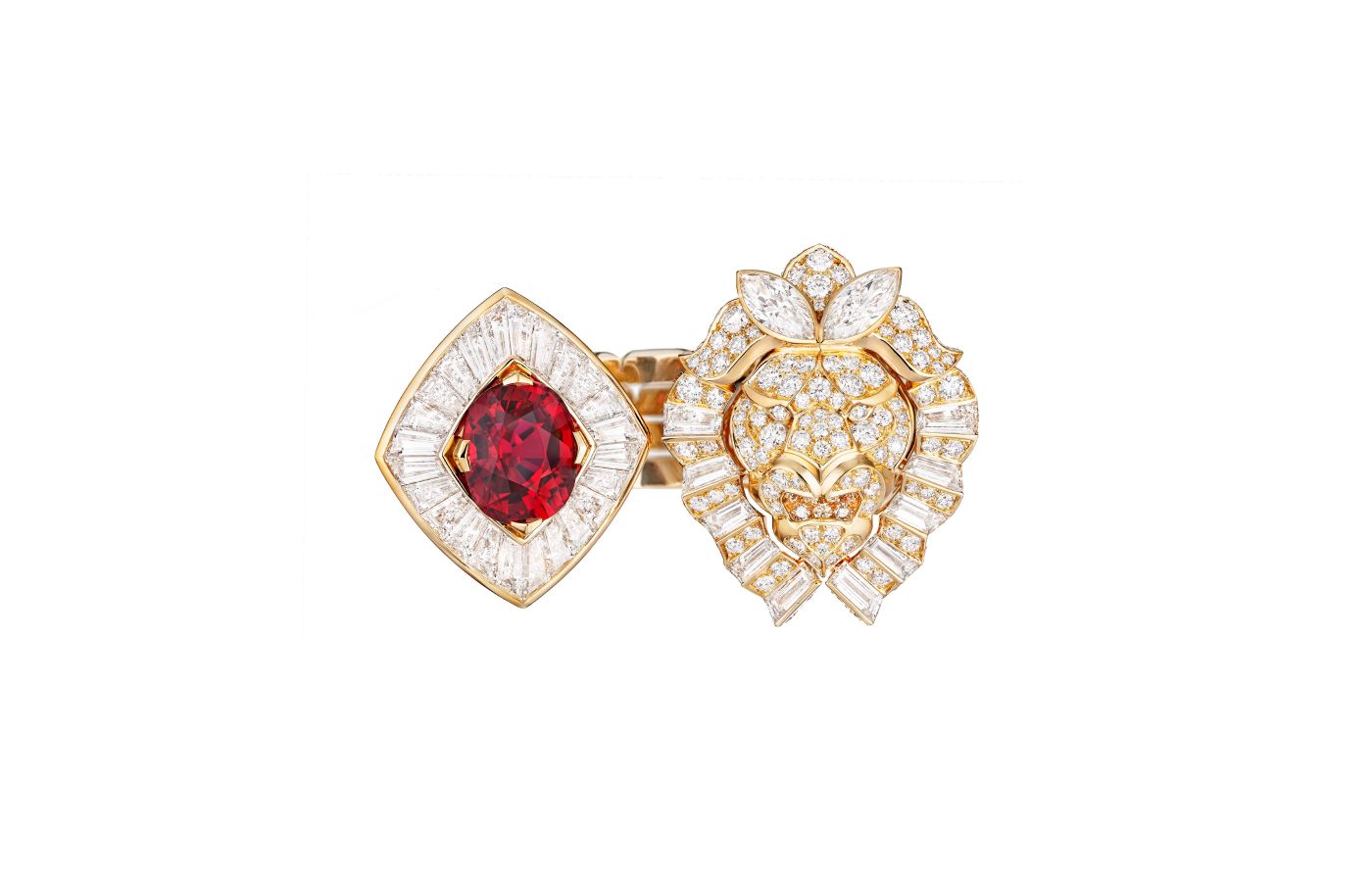 Chanel Tweed Royal ring with an oval-cut ruby of 5.02-carats, further diamonds and rubies in yellow gold, from the Tweed Lion set of the Tweed de Chanel High Jewellery Collection