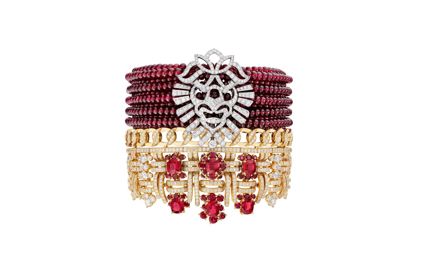  Chanel Tweed Royal bracelet (which can be split into two parts) with diamonds and rubies in yellow and white gold, from the Tweed Lion set of the Tweed de Chanel High Jewellery Collection