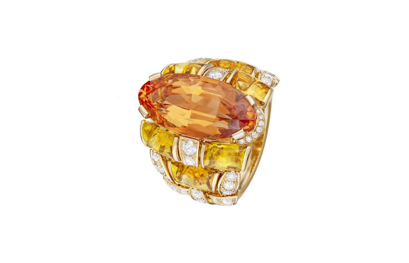 Chanel Tweed Solaire ring with a 13.35-carat marquise-cut Imperial topaz, further diamonds, topazes and beryls in yellow gold, from the Tweed Soleil set of the Tweed de Chanel High Jewellery Collection