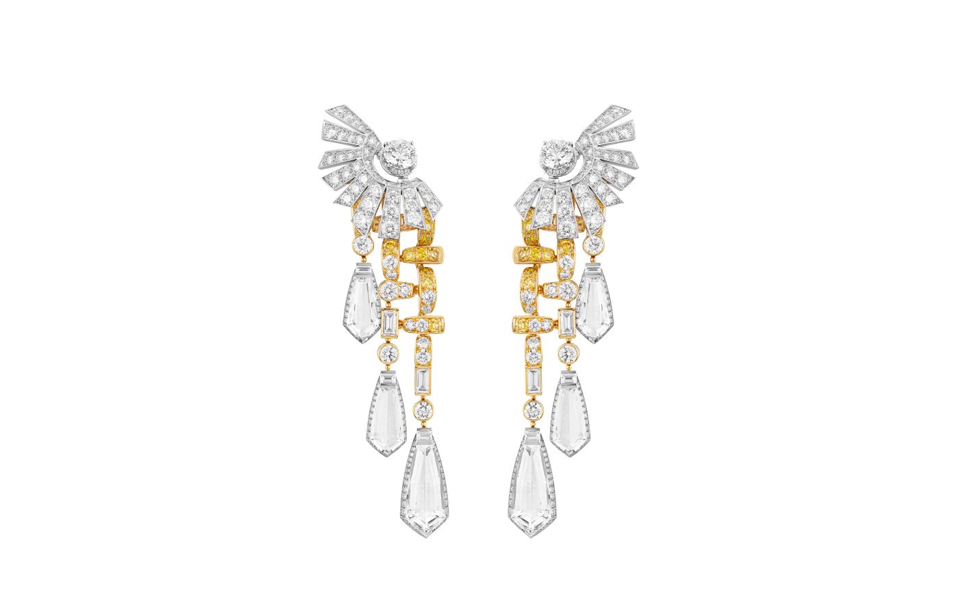 Chanel Tweed Cambon earrings with brilliant-cut diamonds, yellow diamonds and rock crystal in white and yellow gold from the Tweed Soleil set of the Tweed de Chanel High Jewellery Collection