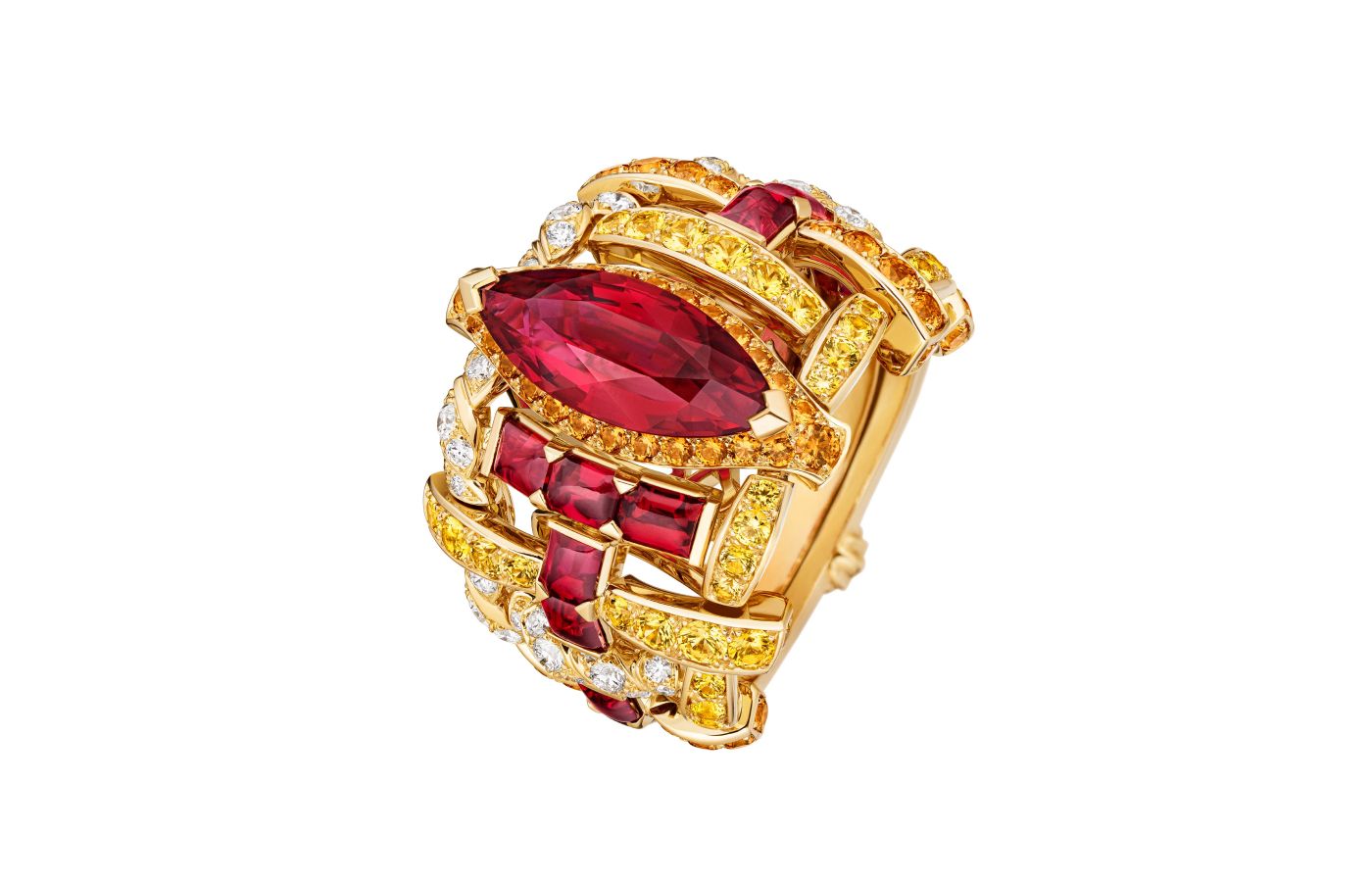 Chanel Tweed Lion ring with a 3.99-carat marquise-cut ruby, plus diamonds, rubies, yellow sapphires and spessartite garnets in yellow gold, from the Tweed Lion set of the Tweed de Chanel High Jewellery Collection