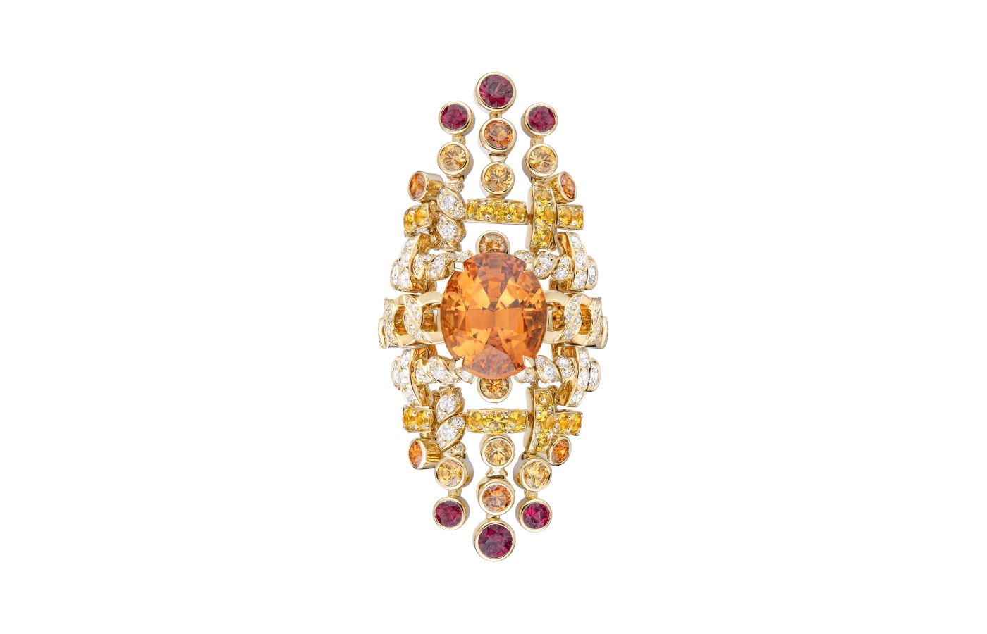 Chanel Tweed Gabrielle ring with an oval-cut 10.48-carat spessartite garnet, plus diamonds, yellow sapphires and further spessartite garnets in yellow gold and platinum, from the Tweed Lion set of the Tweed de Chanel High Jewellery Collection