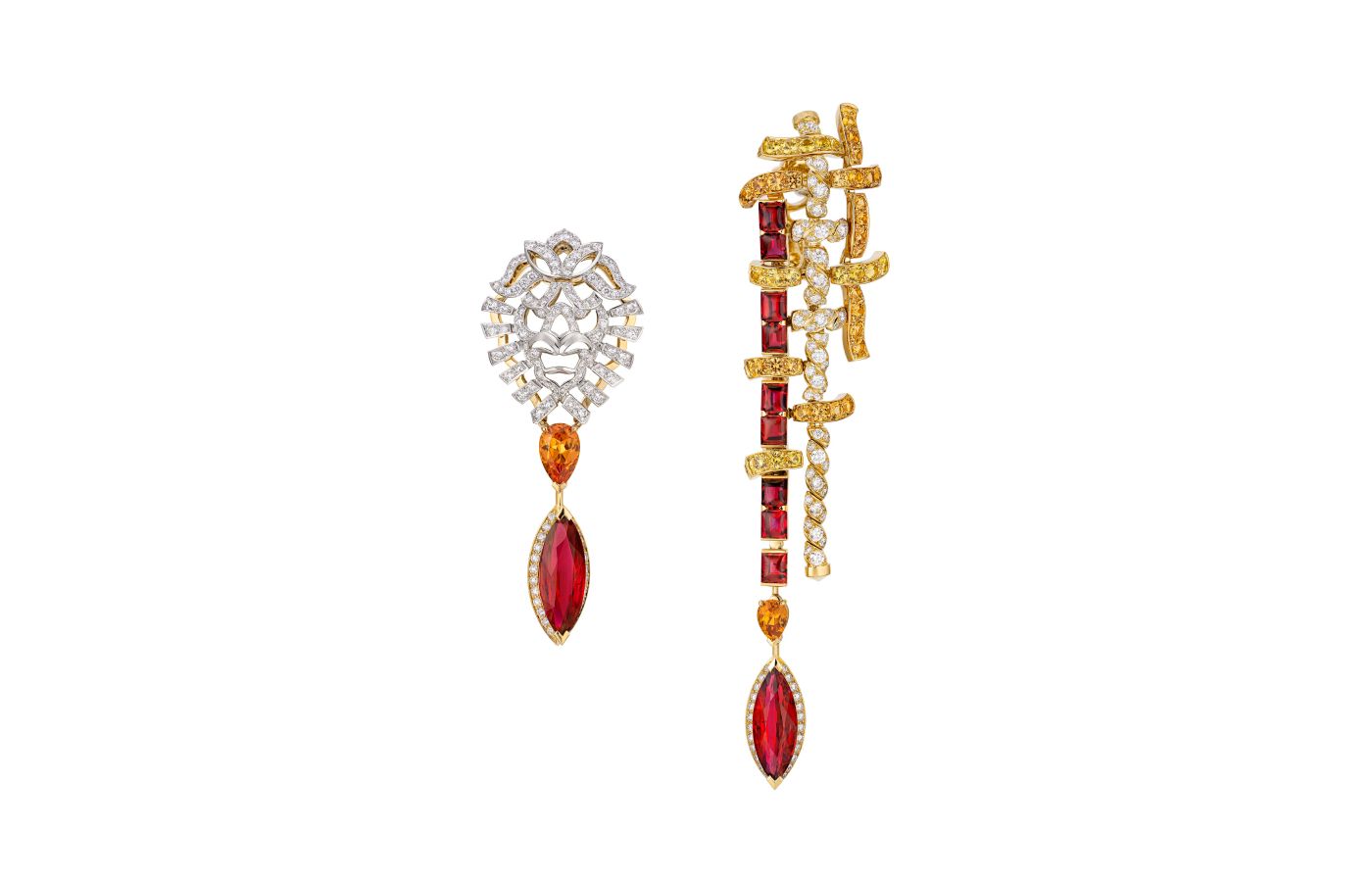 Chanel Tweed Lion earrings with two marquise-cut rubies of 3.05 and 3.00-carats, plus diamonds, rubies, yellow sapphires and spessartite garnets in white and yellow gold, from the Tweed Lion set of the Tweed de Chanel High Jewellery Collection