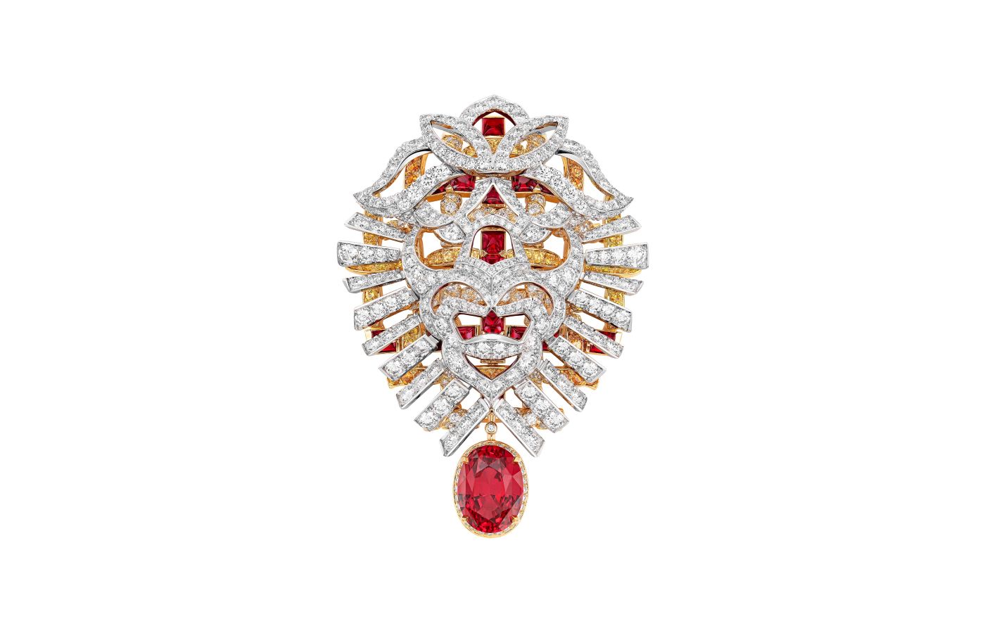 Chanel Tweed Lion brooch with an oval-cut red spinel of 9.13-carats, diamonds, rubies, spinels and spessartite garnets in white and yellow gold, from the Tweed Lion set of the Tweed de Chanel High Jewellery Collection