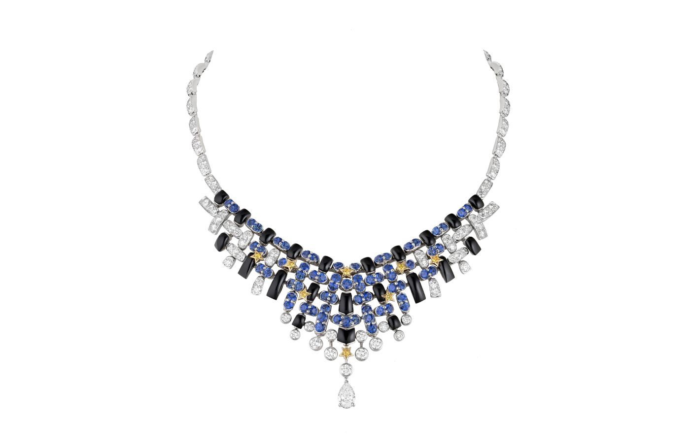 Chanel Tweed Céleste necklace with diamonds, sapphires and onyx in white and yellow gold, from the Tweed Étoile set of the Tweed de Chanel High Jewellery Collection