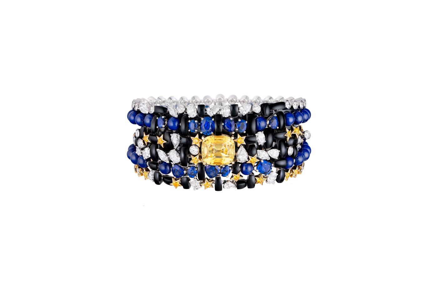Chanel Tweed Étoilé bracelet with a 9.16-carat cushion-cut yellow sapphire, diamonds, further sapphires, lapis lazuli and onyx in white and yellow gold, from the Tweed Étoile set of the Tweed de Chanel High Jewellery Collection