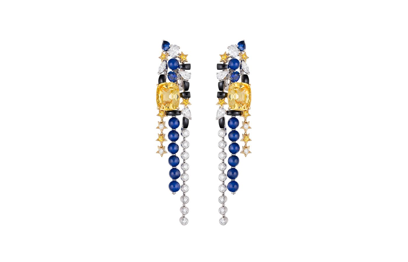 Chanel Tweed Étoilé earrings with two cushion-cut yellow sapphires of 8.35 and 8.15-carats, plus diamonds further sapphires, lapis lazuli and onyx in white and yellow gold, from the Tweed Étoile set of the Tweed de Chanel High Jewellery Collection