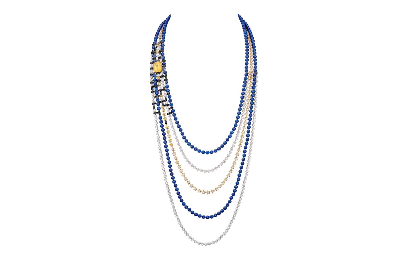 Chanel Tweed Étoilé necklace with a 14.71-carat cushion-cut yellow sapphire, diamonds, further sapphires, lapis lazuli and onyx in white and yellow gold, from the Tweed Étoile set of the Tweed de Chanel High Jewellery Collection