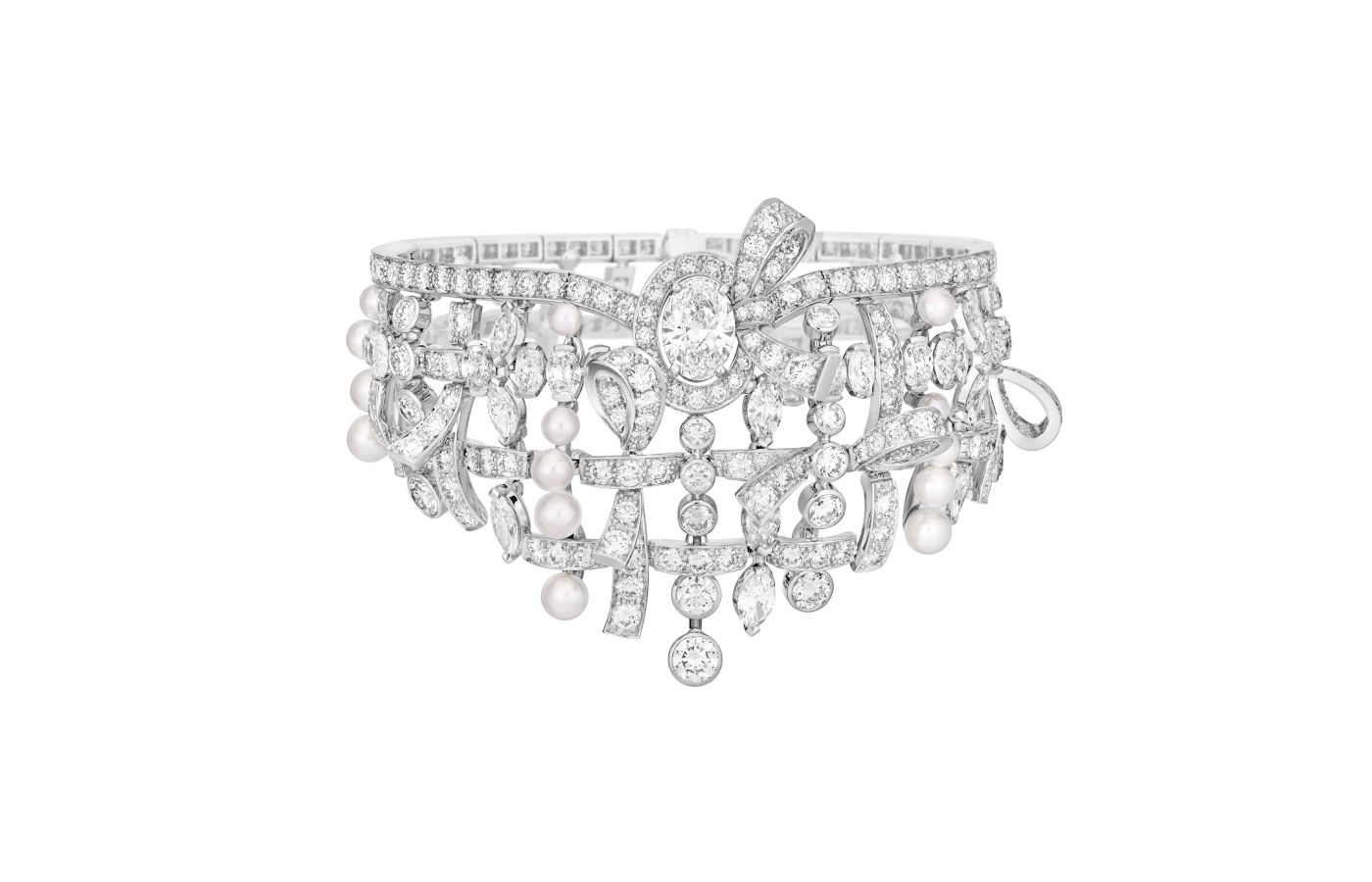 Chanel Tweed Pastel bracelet with an oval-cut diamond of 2.02-carats (internally flawless, D-colour, Type IIa) plus further diamonds and cultured pearls in white gold, from the Tweed Ruban set of the Tweed de Chanel High Jewellery Collection