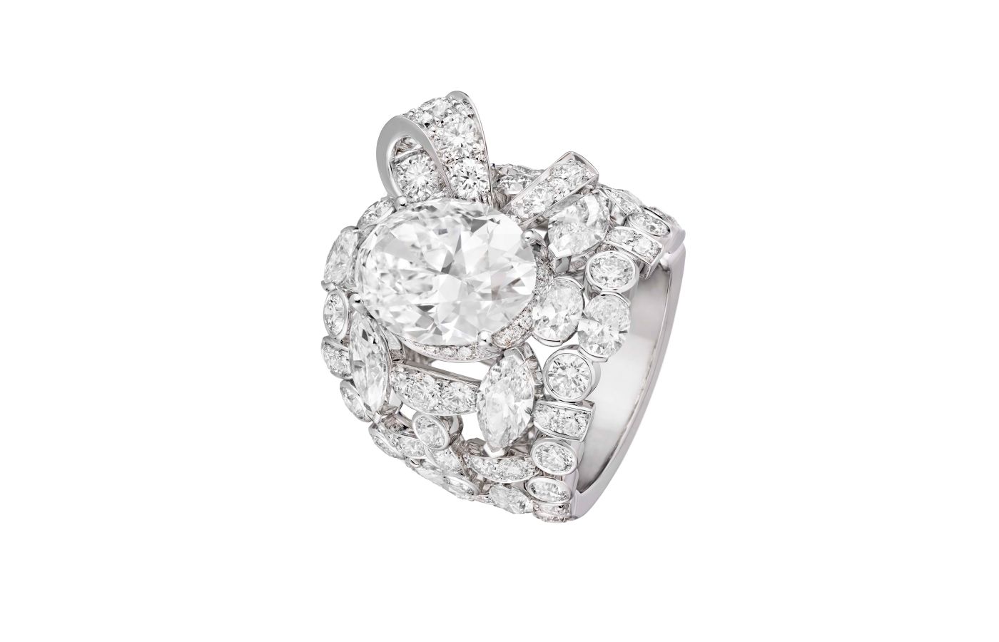 Chanel Tweed Mademoiselle ring with an internally flawless, D-colour, Type IIa oval-cut diamonds of 8.03 carats, from the Tweed Ruban set of the Tweed de Chanel High Jewellery Collection